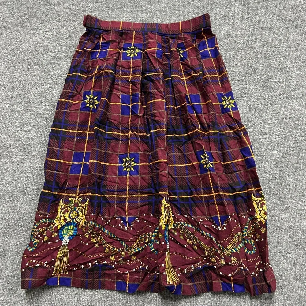 Koret Skirt Womens Size Small Maroon Plaid Gold Chain Tassel USA Vintage Petites